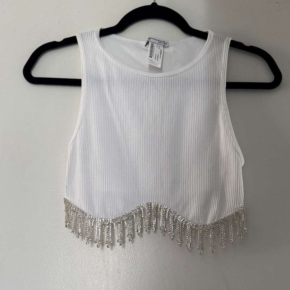 Zara White Ribbed Crop Top with Silver Beaded Fringe Hem